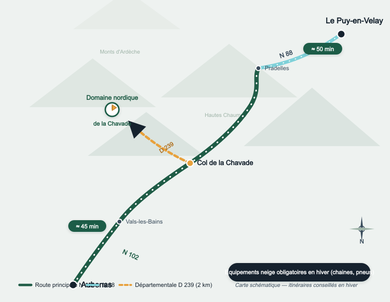 Plan schématique d'accès au domaine depuis Aubenas et Le Puy-en-Velay